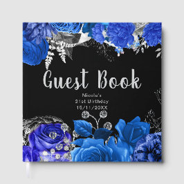 Elegant Blue and Silver Flowers Birthday Party Gästebuch