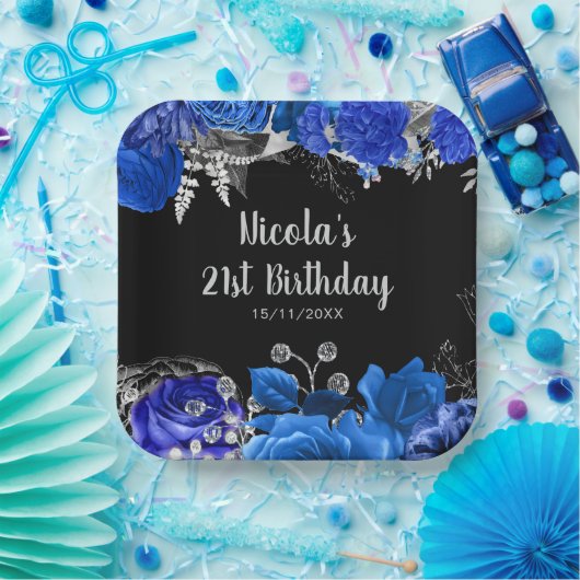 Elegant Blue and Silver Flowers Birthday Party Pappteller (Party)