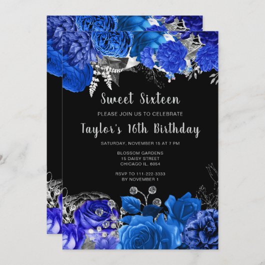 Elegant Blue and Silver Flowers Sweet Sixteen Einladung (Vorne/Hinten)