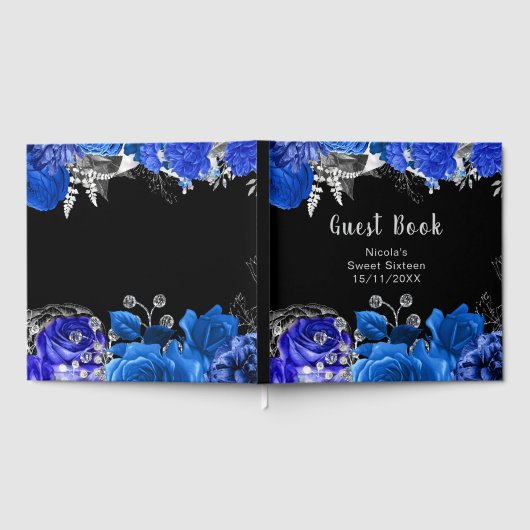 Elegant Blue and Silver Flowers Sweet Sixteen Gästebuch (Voll)