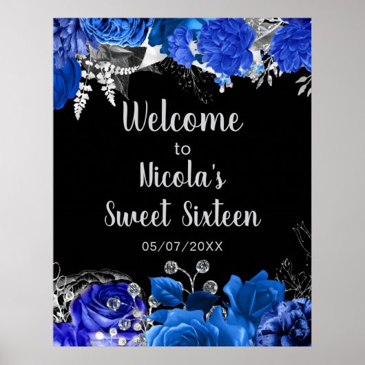 Elegant Blue and Silver Flowers Sweet Sixteen  Poster (Vorne)