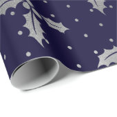 Elegant Blue and Silver Foil Christmas Holly Geschenkpapier (Rolleneckpunkt)