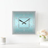 Elegant Blue and Silver Wall Clock Quadratische Wanduhr (Zuhause)
