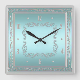 Elegant Blue and Silver Wall Clock Quadratische Wanduhr