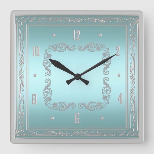 Elegant Blue and Silver Wall Clock Quadratische Wanduhr (Vorderseite)