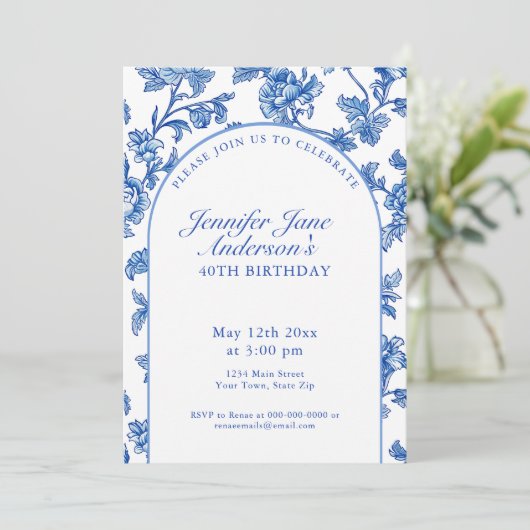 Elegant Blue and White 40th Birthday Party Einladung (Stehend Vorderseite)