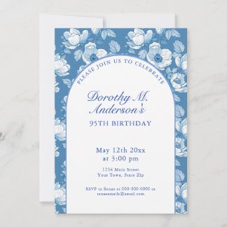 Elegant Blue and White 95. Geburtstagsparty Einladung