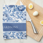 Elegant Blue and White Chinoiserie Floral Pattern Geschirrtuch (Viertel Falte)