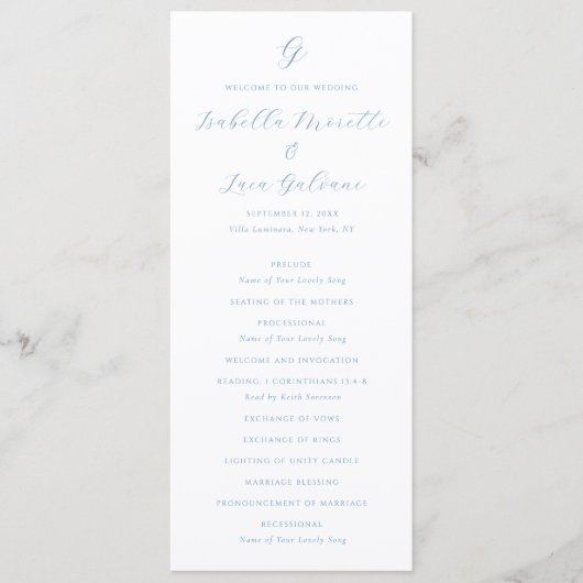 Elegant Blue and White Coastal Chic Wedding Programm (Vorderseite)