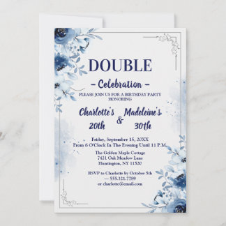 Elegant Blue and White Floral Joint Birthday Einladung
