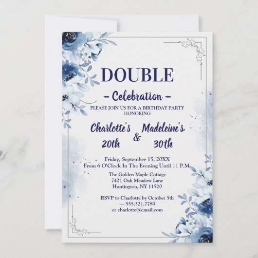 Elegant Blue and White Floral Joint Birthday Einladung (Vorderseite)