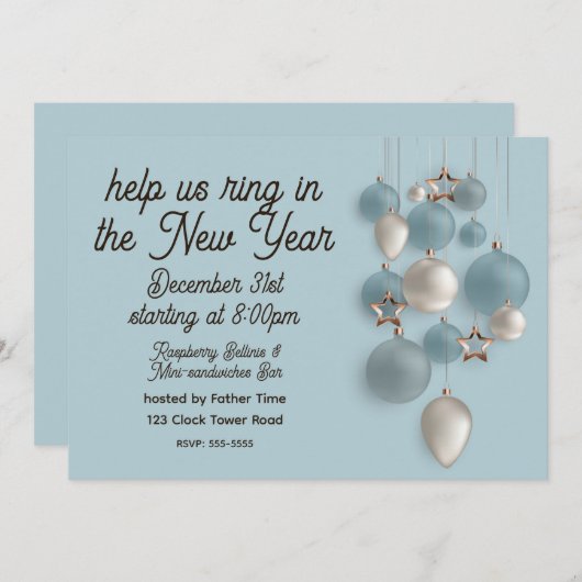 Elegant Blue and White Ornaments New Year's Eve Einladung (Vorne/Hinten)