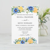 Elegant Blue and Yellow Floral Wedding Einladung (Stehend Vorderseite)