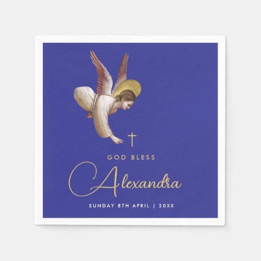 Elegant Blue Angel Bless Taufe Gold Kalligraphie Serviette (Vorderseite)