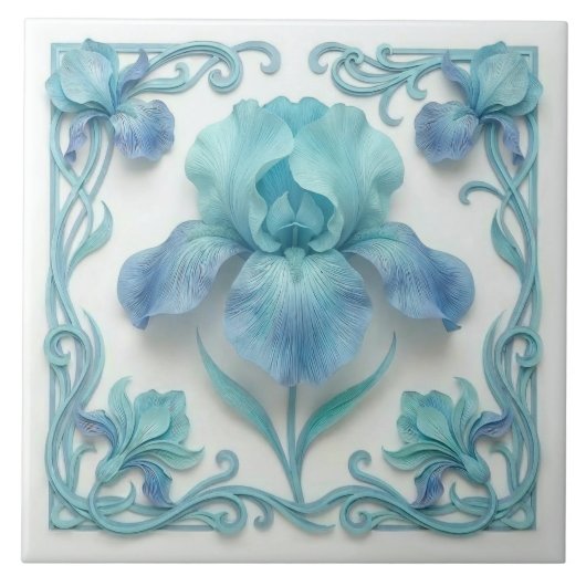 Elegant Blue Art Deco Stylized Lilies Fliese (Vorderseite)