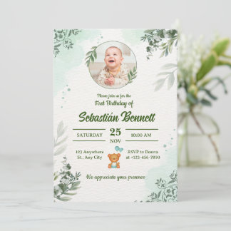 Elegant Blue Baby Boy First Birthday Custom Photo  Einladung
