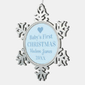 Elegant Blue Baby Boy First Christmas Schneeflocken Zinn-Ornament (Rechts)