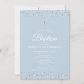Elegant Blue Baptisse Christening Silver Hearts Einladung (Vorderseite)