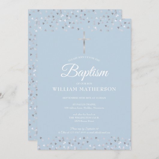 Elegant Blue Baptisse Christening Silver Hearts Einladung (Vorne/Hinten)
