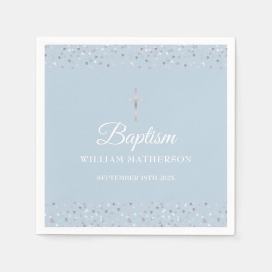 Elegant Blue Baptisse Christening Silver Hearts Serviette (Vorderseite)