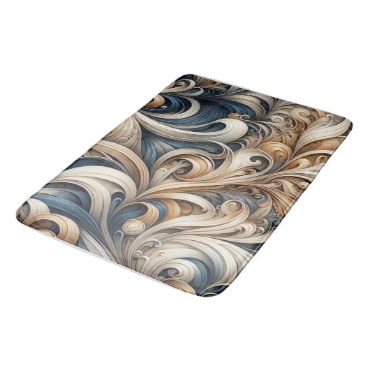 Elegant Blue Beige Baroque Swirl Pattern Badematte (Schrägansicht)