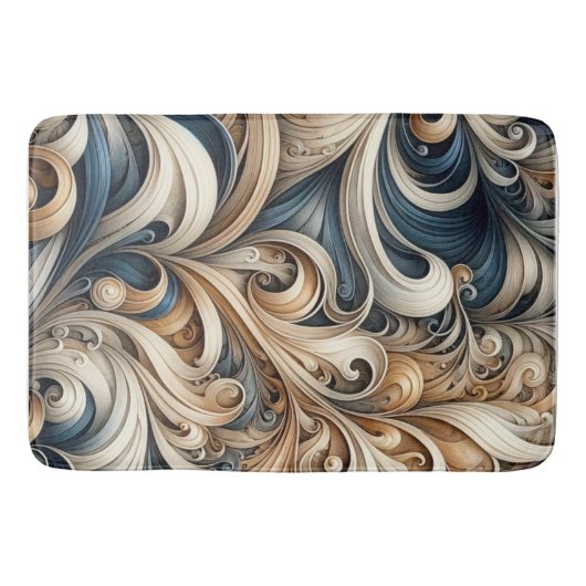 Elegant Blue Beige Baroque Swirl Pattern Badematte (Vorderseite)