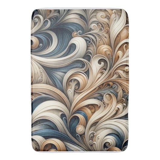 Elegant Blue Beige Baroque Swirl Pattern Badematte (Vorderseite Vertikal)