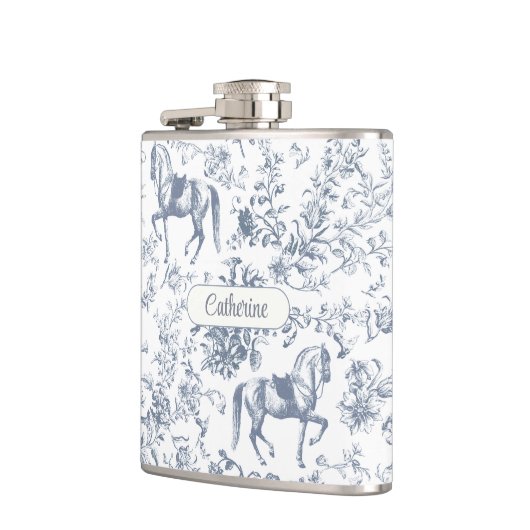 Elegant Blue Beige Reittier Toile Name Flachmann (Links)