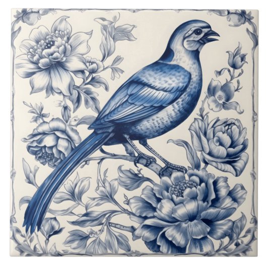 Elegant Blue Bird Azulejo Tile Design Fliese (Vorderseite)
