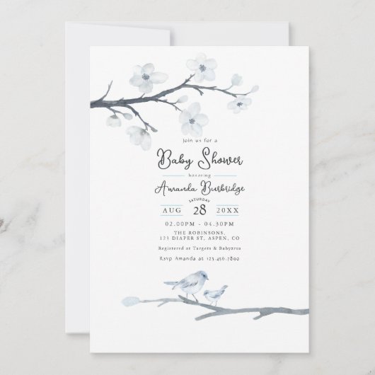 Elegant Blue Bird und Cherry Blossom Babydusche Einladung (Vorderseite)