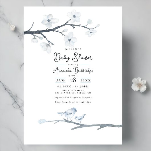 Elegant Blue Bird und Cherry Blossom Babydusche Einladung