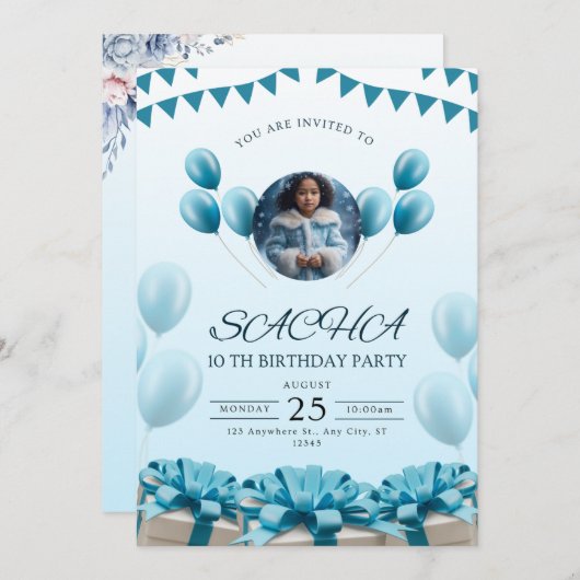 Elegant Blue Birthday Einladung | Modernes Design (Vorne/Hinten)