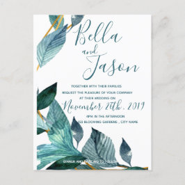 Elegant Blue Blätter Script Wedding Einladung