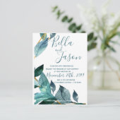 Elegant Blue Blätter Script Wedding Einladung (Stehend Vorderseite)