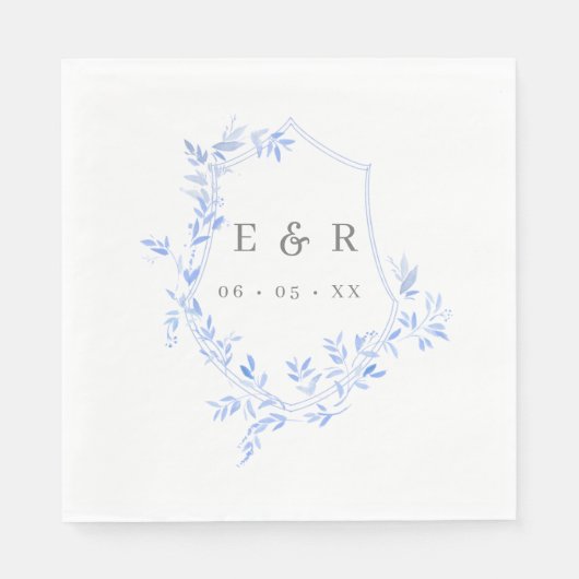 Elegant Blue Blätter Wappen Wedding Monogram Serviette (Vorderseite)