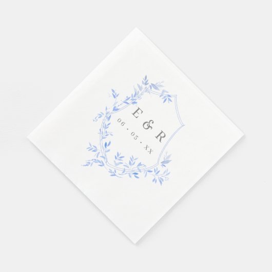 Elegant Blue Blätter Wappen Wedding Monogram Serviette (Ecke)