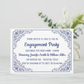Elegant Blue blühe Swirl-Frame-Engagement Party Einladung (Stehend Vorderseite)
