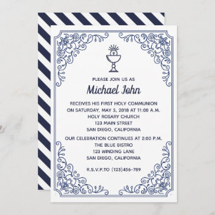 Elegant Blue blühe Swirl Junge Erste Kommune Einladung