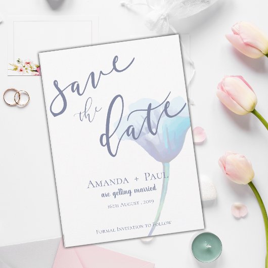 Elegant Blue Blume Einfaches Skript Hochzeit mit f Save The Date