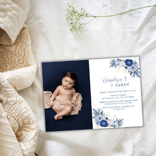 Elegant Blue Blume Foto Cross Baptisse Einladung