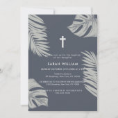 Elegant Blue Boho Blätter Cross Baptisse Einladung (Vorderseite)
