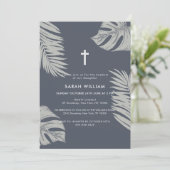 Elegant Blue Boho Blätter Cross Baptisse Einladung (Stehend Vorderseite)