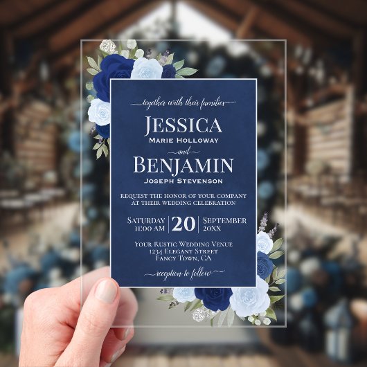 Elegant Blue Boho Chic Roses Stylish Text Wedding Acryleinladungen