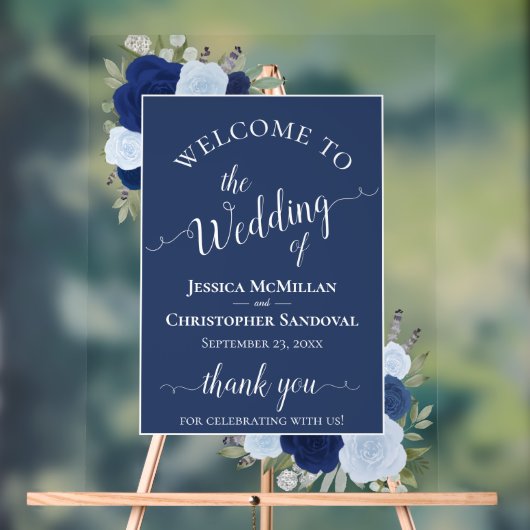 Elegant Blue Boho Chic Roses Wedding Welcome Acrylschild (Neutral)
