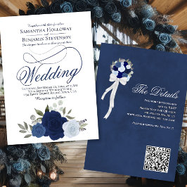 Elegant Blue Boho Rose Floral QR Code Wedding Einladung