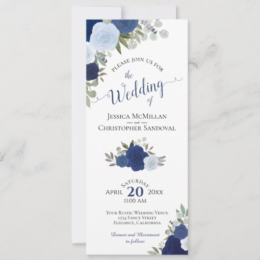 Elegant Blue Boho Rose QR Code Details Hochzeit Einladung (Vorderseite)