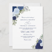 Elegant Blue Boho Roses Modern QR Code Wedding Einladung (Vorderseite)