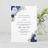 Elegant Blue Boho Roses Modern QR Code Wedding Einladung (Stehend Vorderseite)