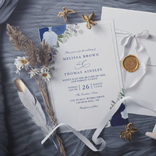 Elegant Blue Boho Roses Modern QR Code Wedding Einladung