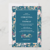 Elegant Blue Boho Wildblumen Hochzeit Einladung (Vorderseite)